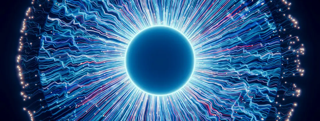 Abstract glowing blue sphere surrounded by radiating digital light waves.